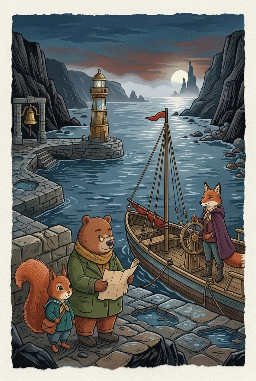 A cliffside harbor glows beneath fog as Aurelia Squirrel, Nick Bear, and Captain Dena Fox face the open bay and a small red-sailed ferry.