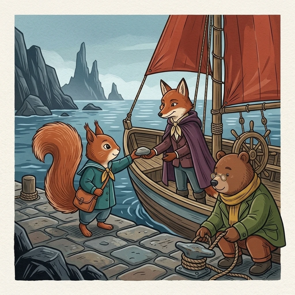 Captain Dena Fox departs in a red-sailed ferry while Aurelia gives her a small stone and Nick Bear waits on the quay.