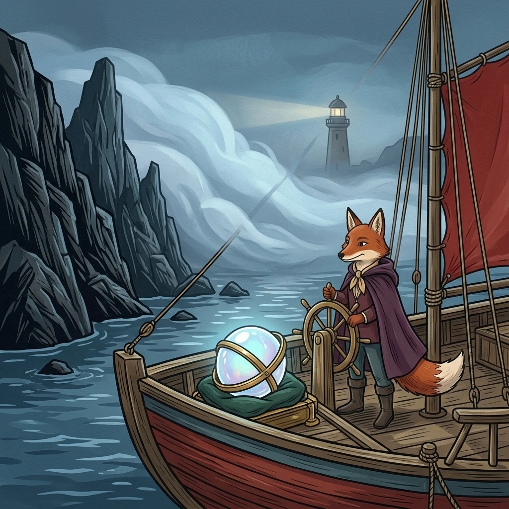 Dena secures a glowing moonstone aboard her ferry as a vast silver fog bank overtakes the bay.