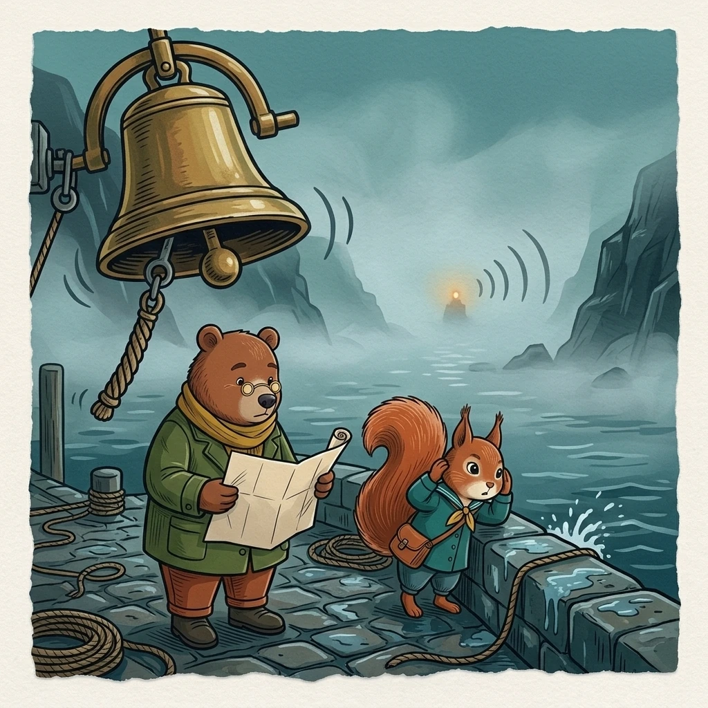 The harbor bell swings while Nick opens a map, Aurelia listens at the seawall, and Dena's horn echoes invisibly through fog.