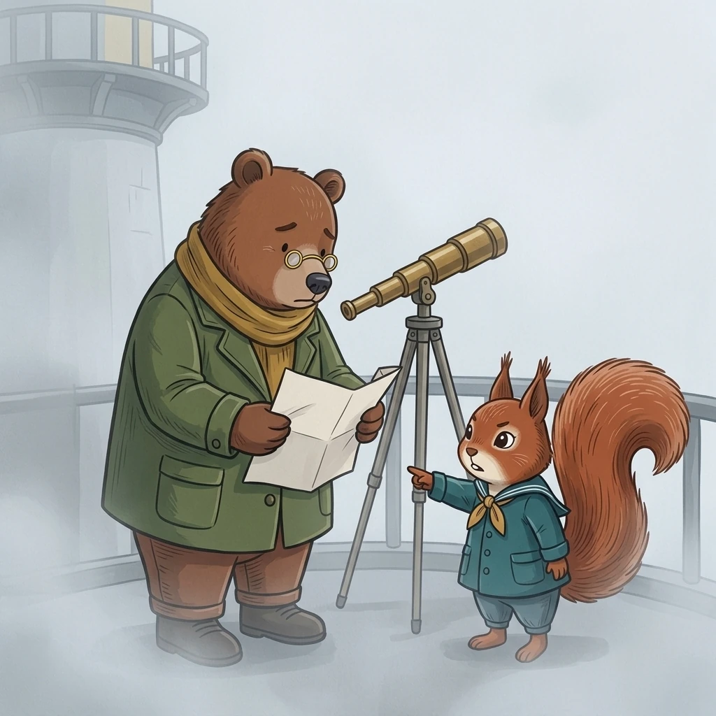 Nick searches a blank foggy sky with a telescope while Aurelia asks a direct question and he lowers his map.