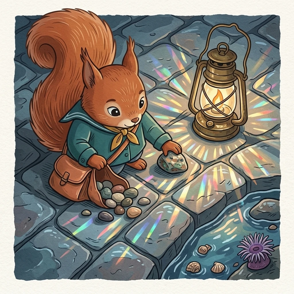 Aurelia places a travel stone beside a hand lantern and its mineral seams reflect light across a wet harbor stone.