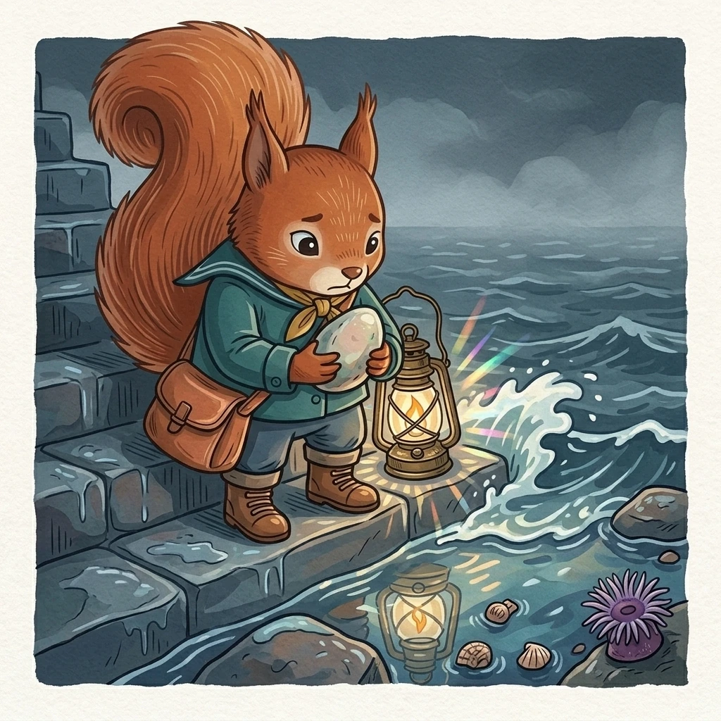Aurelia carries her favorite stone down wet steps and places it in the lowest tide pool as the sea rises.
