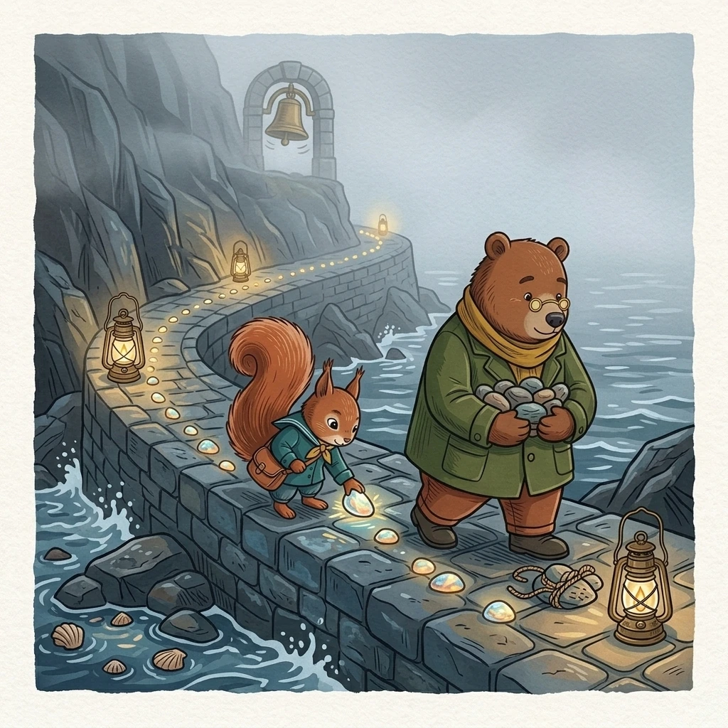 Nick follows Aurelia's lead as they anchor reflective stones along the seawall, creating a luminous path under the fog.