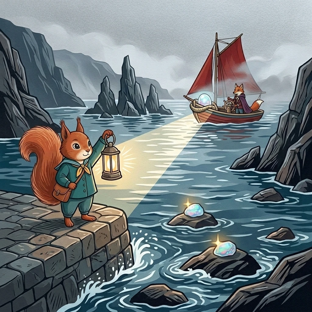 Aurelia raises the lantern at the end of the glowing shore path while Dena turns the red-sailed ferry between black rocks.