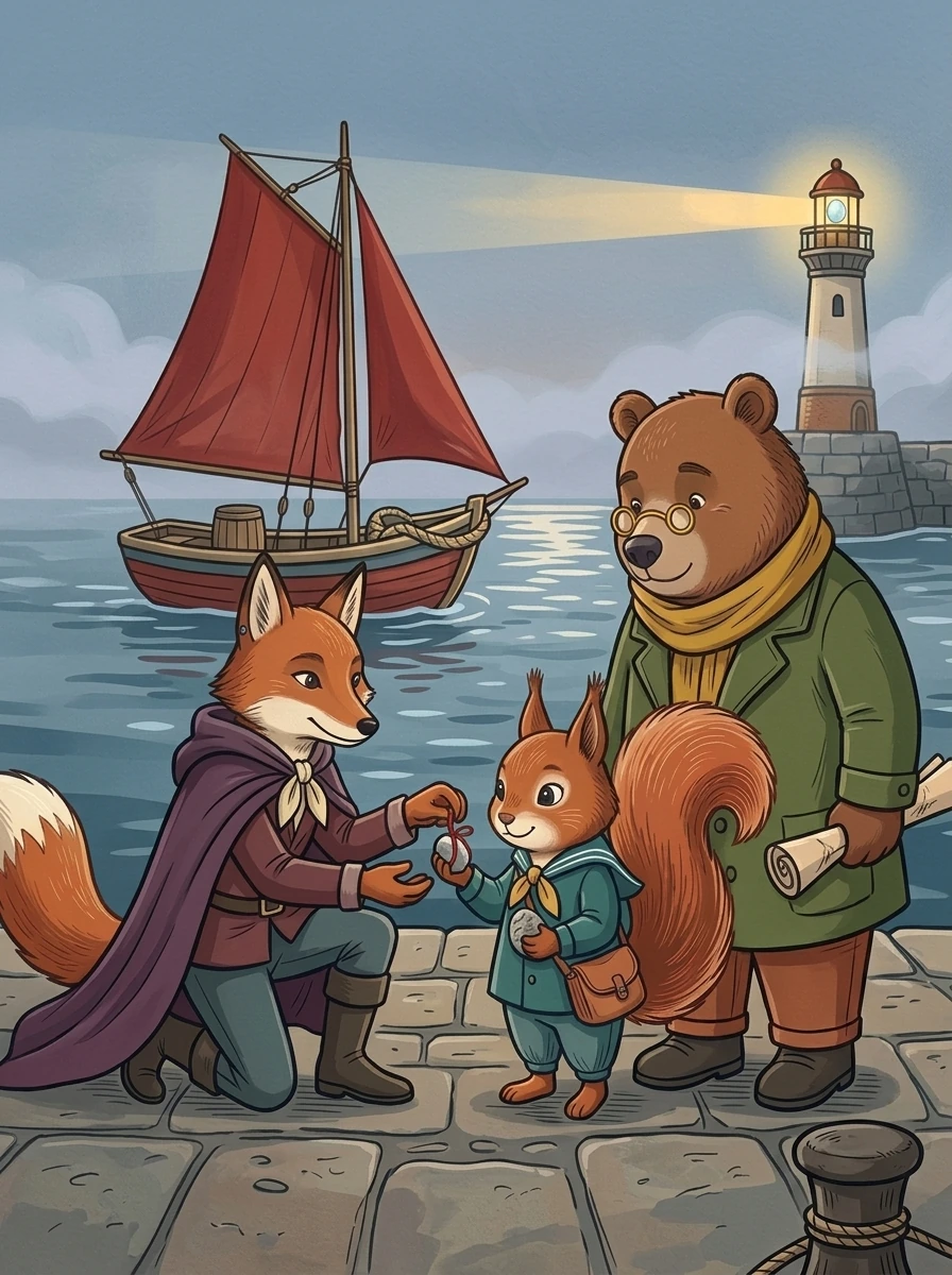 Dena returns the red-threaded lucky stone to Aurelia as Nick stands beside the restored moonstone beacon and the luminous harbor path.